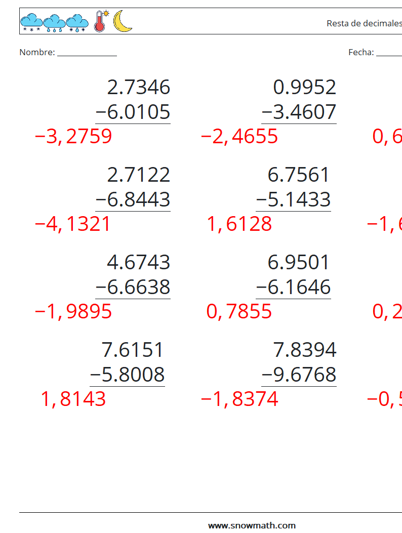 (12) Resta de decimales (4 dígitos) Hojas de trabajo de matemáticas 3 Pregunta, respuesta