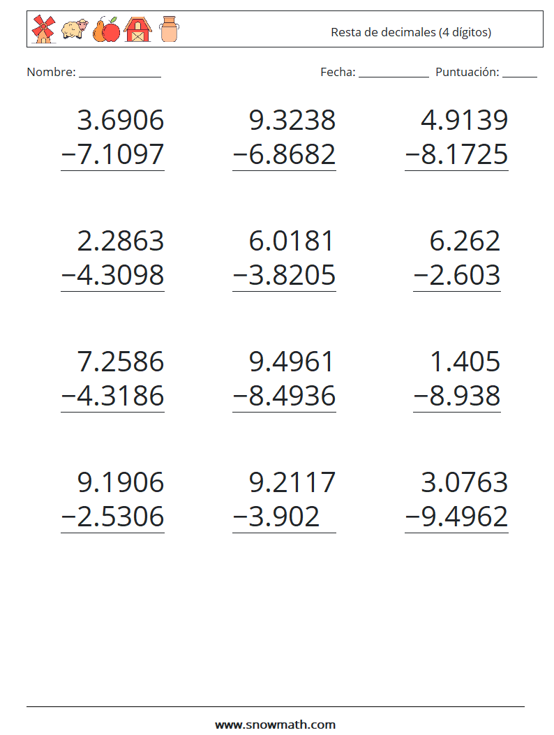 (12) Resta de decimales (4 dígitos) Hojas de trabajo de matemáticas 4