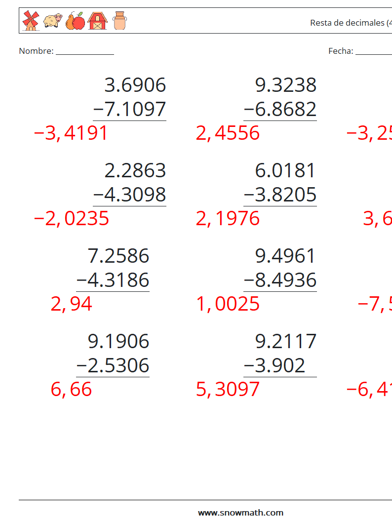 (12) Resta de decimales (4 dígitos) Hojas de trabajo de matemáticas 4 Pregunta, respuesta