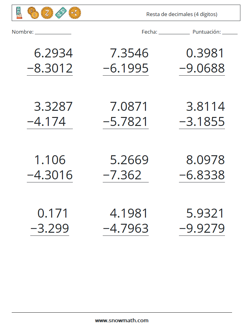 (12) Resta de decimales (4 dígitos) Hojas de trabajo de matemáticas 5