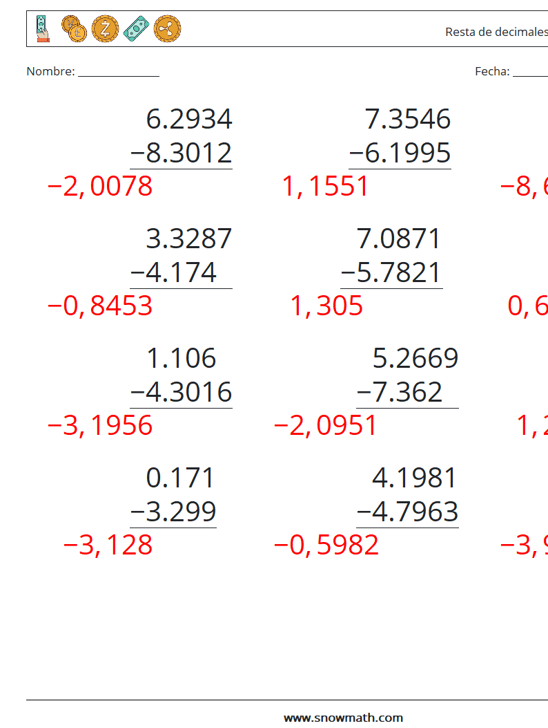 (12) Resta de decimales (4 dígitos) Hojas de trabajo de matemáticas 5 Pregunta, respuesta