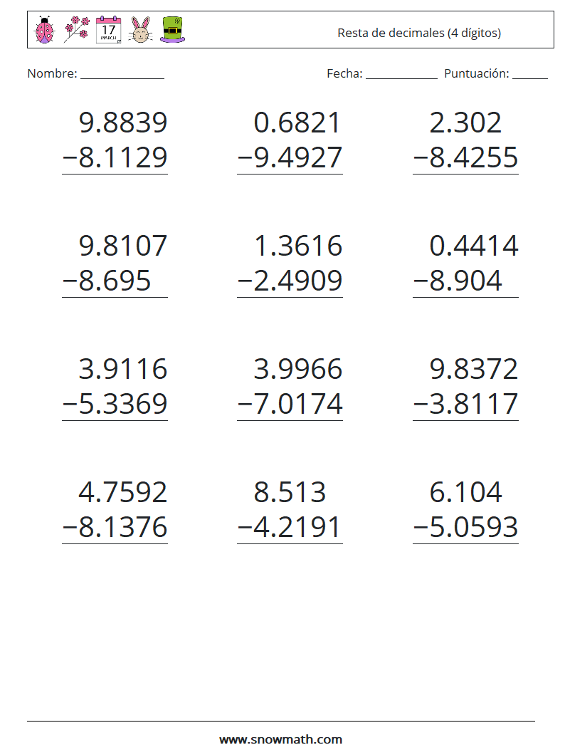 (12) Resta de decimales (4 dígitos) Hojas de trabajo de matemáticas 6