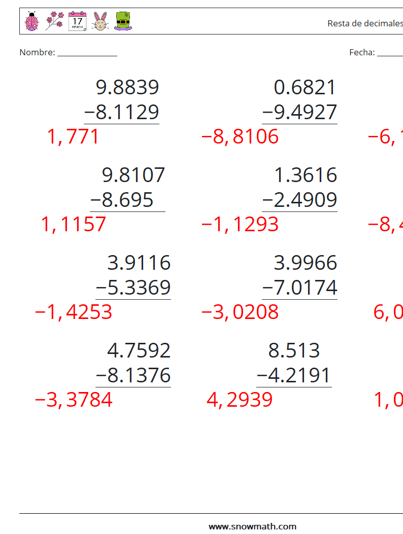 (12) Resta de decimales (4 dígitos) Hojas de trabajo de matemáticas 6 Pregunta, respuesta