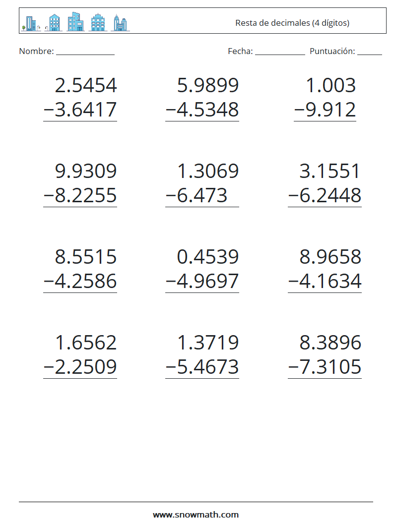 (12) Resta de decimales (4 dígitos) Hojas de trabajo de matemáticas 7