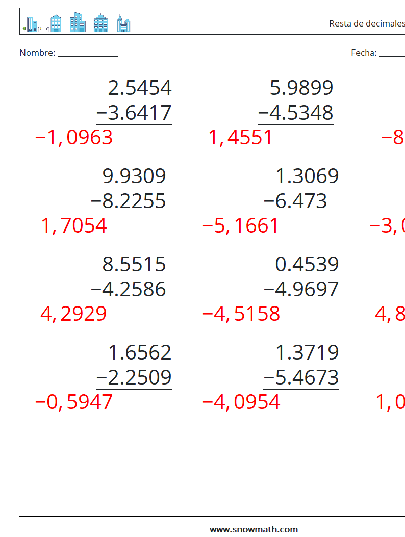 (12) Resta de decimales (4 dígitos) Hojas de trabajo de matemáticas 7 Pregunta, respuesta