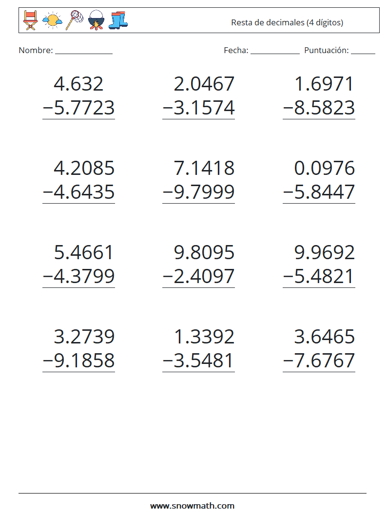 (12) Resta de decimales (4 dígitos) Hojas de trabajo de matemáticas 8