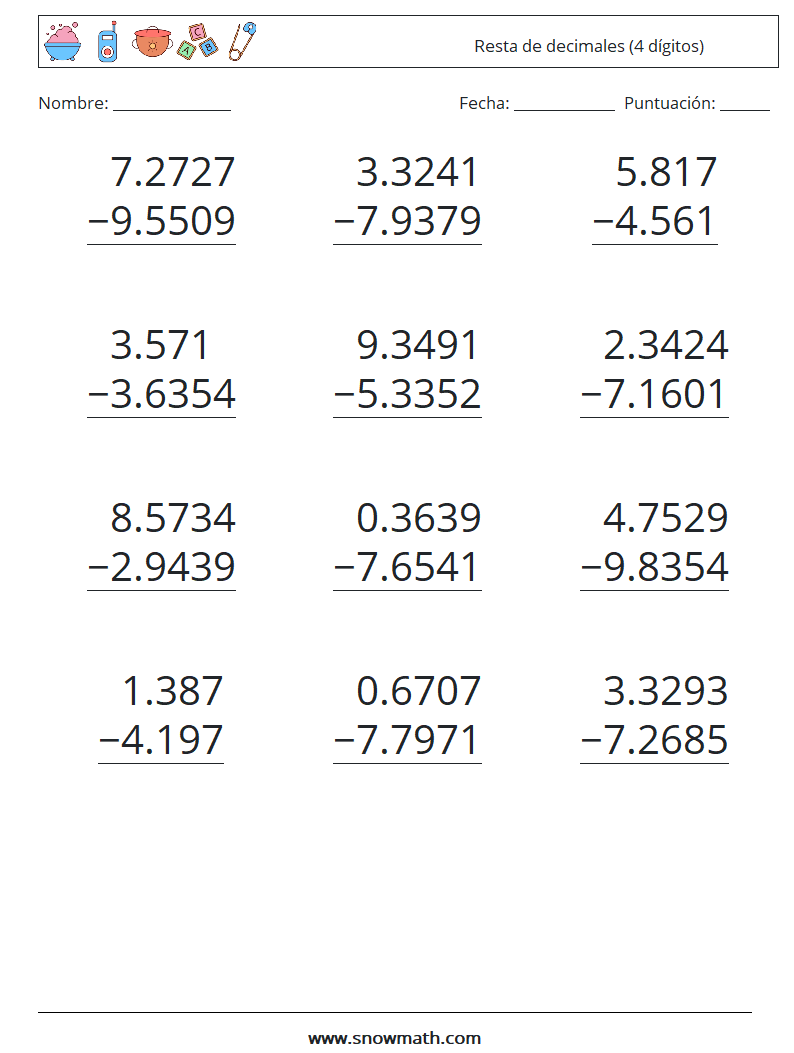 (12) Resta de decimales (4 dígitos) Hojas de trabajo de matemáticas 9