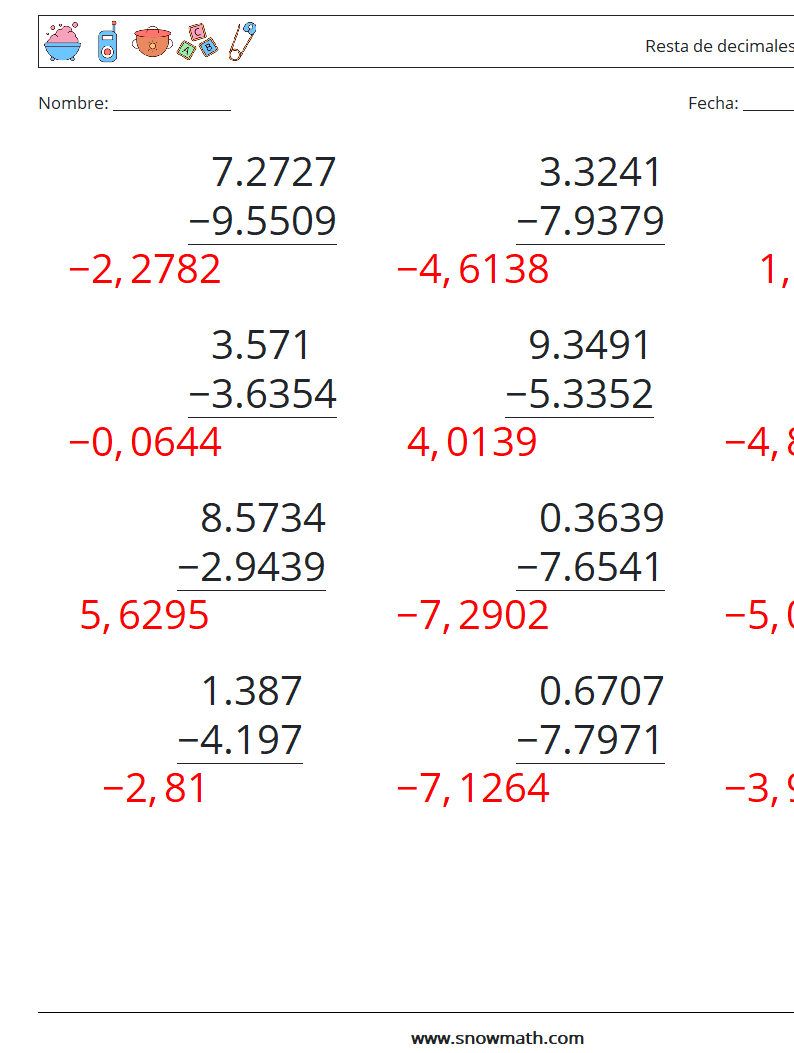 (12) Resta de decimales (4 dígitos) Hojas de trabajo de matemáticas 9 Pregunta, respuesta