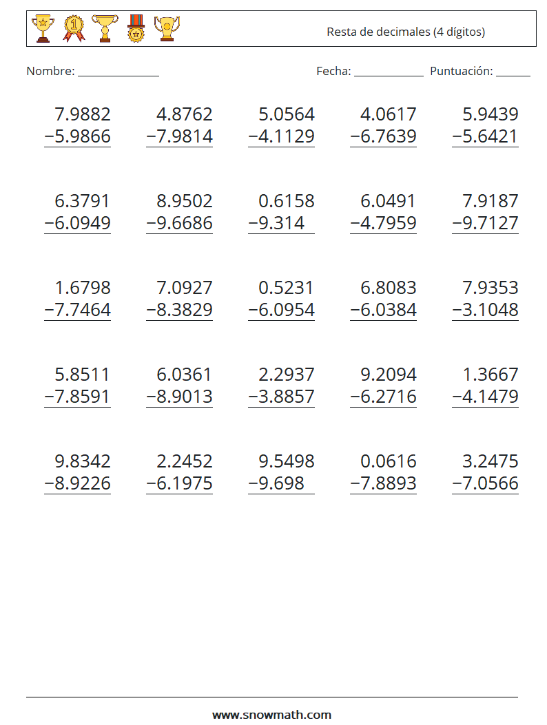 (25) Resta de decimales (4 dígitos) Hojas de trabajo de matemáticas 1