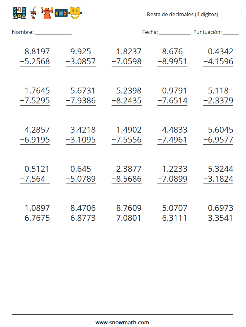 (25) Resta de decimales (4 dígitos) Hojas de trabajo de matemáticas 10