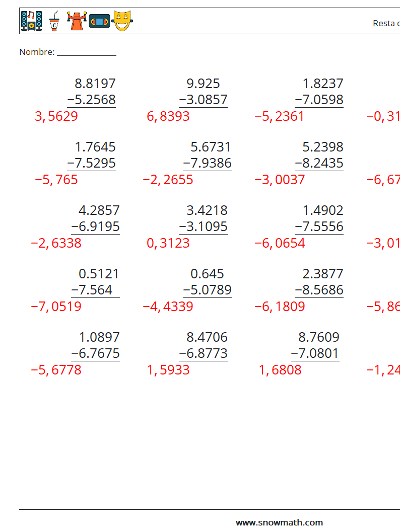 (25) Resta de decimales (4 dígitos) Hojas de trabajo de matemáticas 10 Pregunta, respuesta