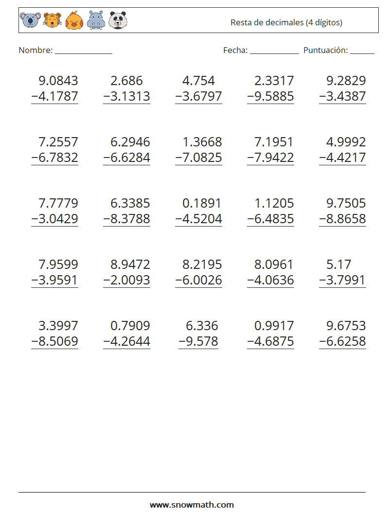 (25) Resta de decimales (4 dígitos) Hojas de trabajo de matemáticas 11