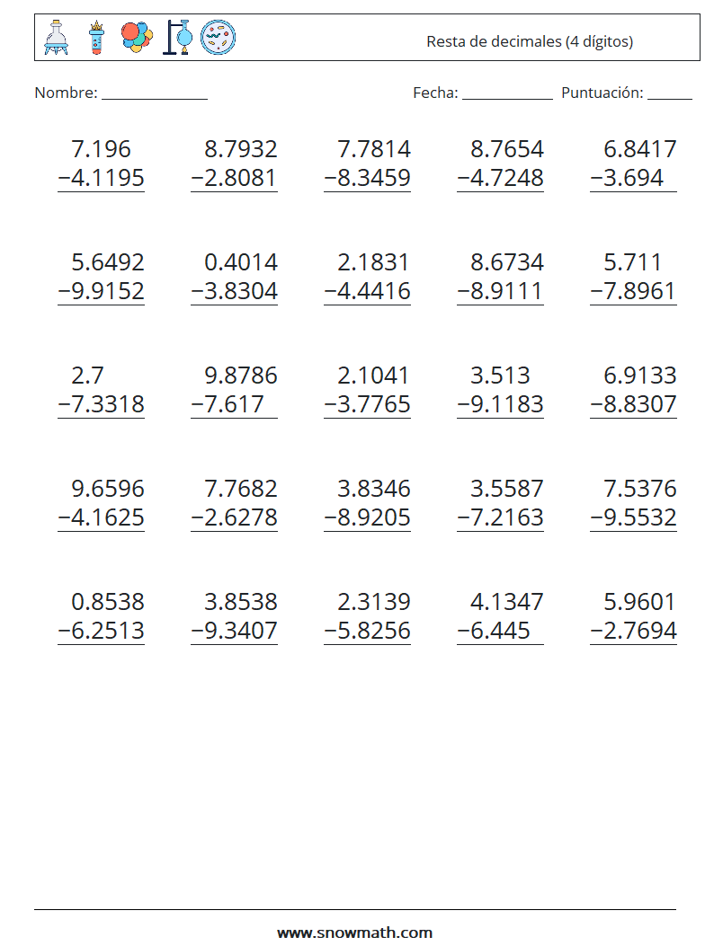 (25) Resta de decimales (4 dígitos) Hojas de trabajo de matemáticas 13