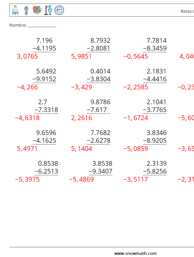 (25) Resta de decimales (4 dígitos) Hojas de trabajo de matemáticas 13 Pregunta, respuesta