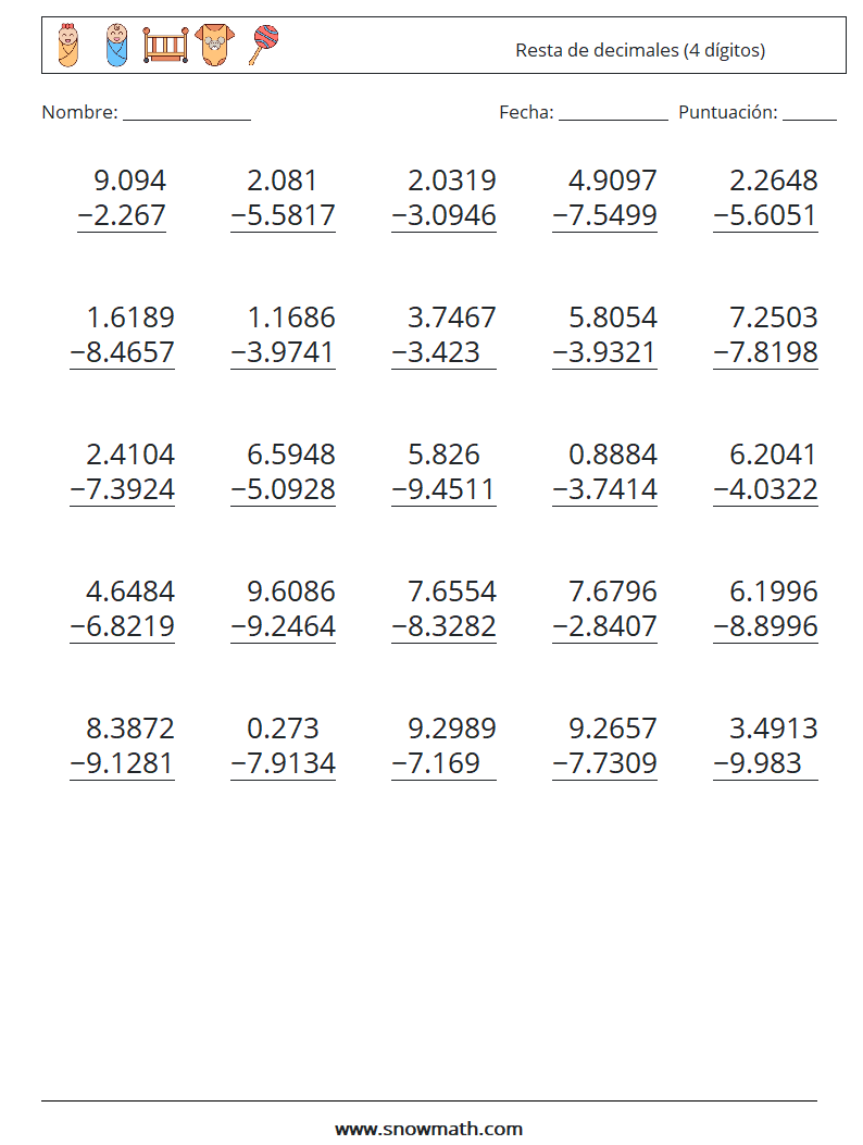 (25) Resta de decimales (4 dígitos) Hojas de trabajo de matemáticas 14