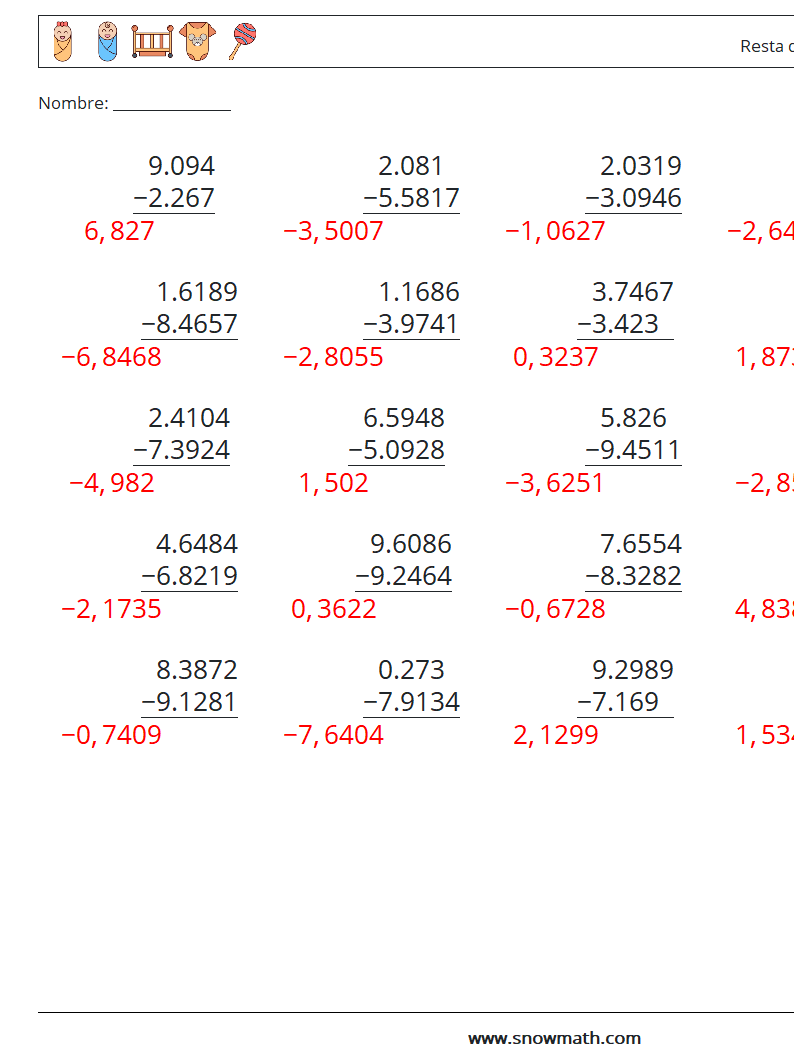 (25) Resta de decimales (4 dígitos) Hojas de trabajo de matemáticas 14 Pregunta, respuesta