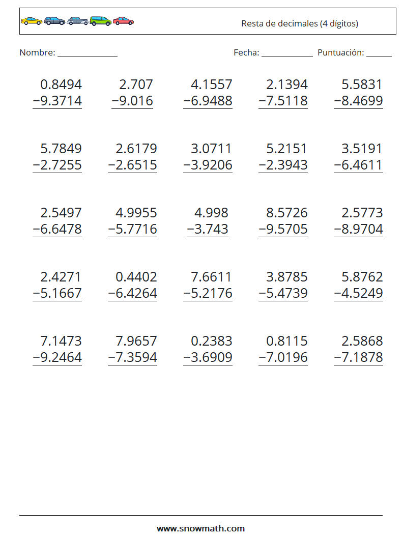 (25) Resta de decimales (4 dígitos) Hojas de trabajo de matemáticas 15