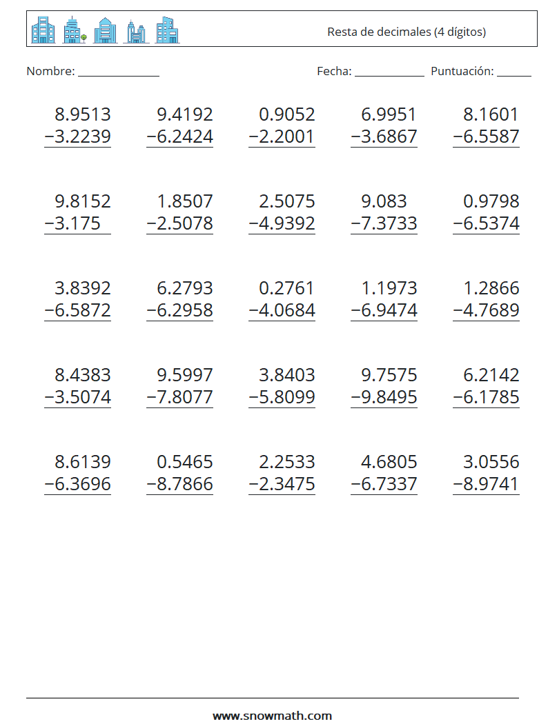 (25) Resta de decimales (4 dígitos) Hojas de trabajo de matemáticas 16