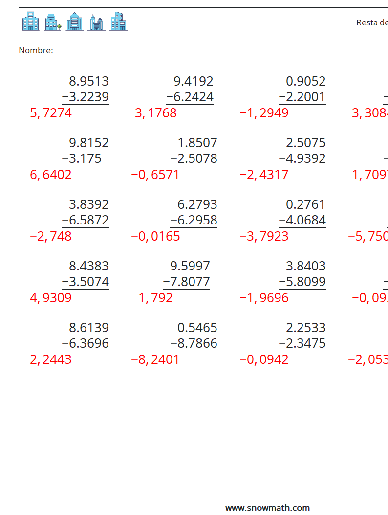 (25) Resta de decimales (4 dígitos) Hojas de trabajo de matemáticas 16 Pregunta, respuesta