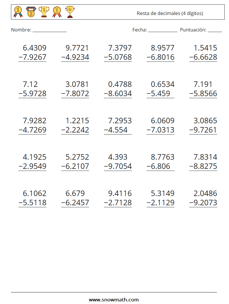 (25) Resta de decimales (4 dígitos) Hojas de trabajo de matemáticas 17