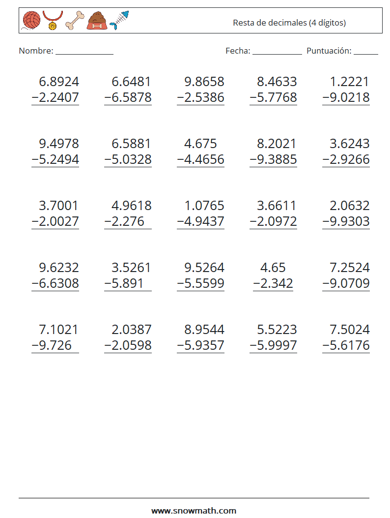 (25) Resta de decimales (4 dígitos) Hojas de trabajo de matemáticas 18