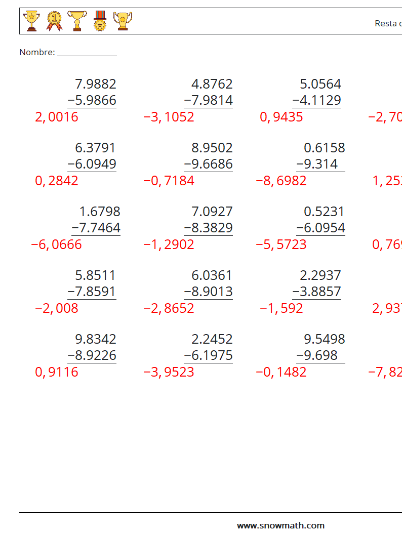 (25) Resta de decimales (4 dígitos) Hojas de trabajo de matemáticas 1 Pregunta, respuesta