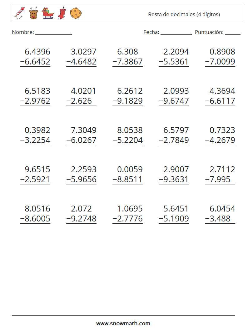 (25) Resta de decimales (4 dígitos) Hojas de trabajo de matemáticas 2