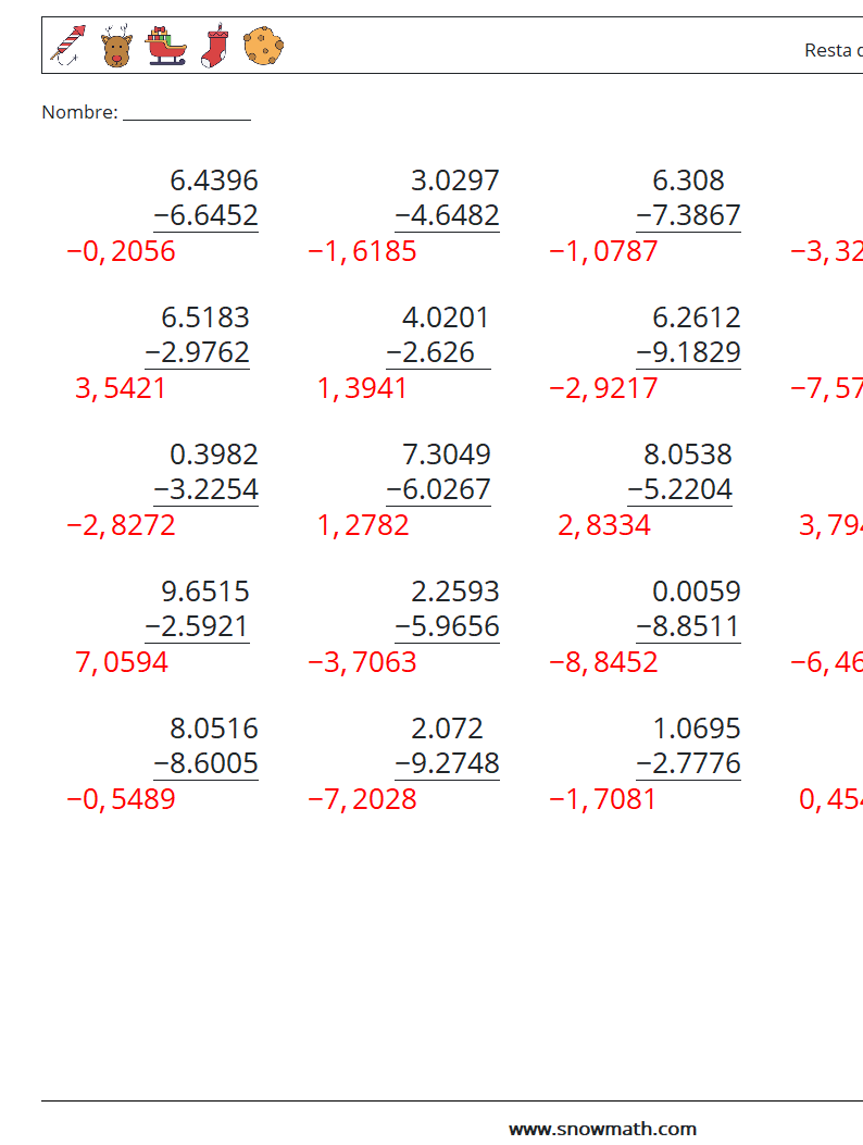 (25) Resta de decimales (4 dígitos) Hojas de trabajo de matemáticas 2 Pregunta, respuesta