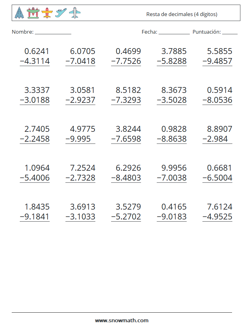 (25) Resta de decimales (4 dígitos) Hojas de trabajo de matemáticas 3