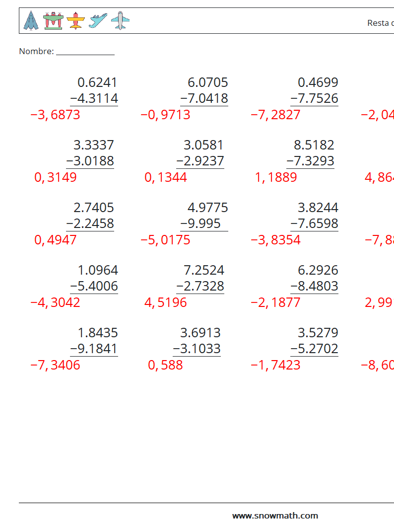 (25) Resta de decimales (4 dígitos) Hojas de trabajo de matemáticas 3 Pregunta, respuesta