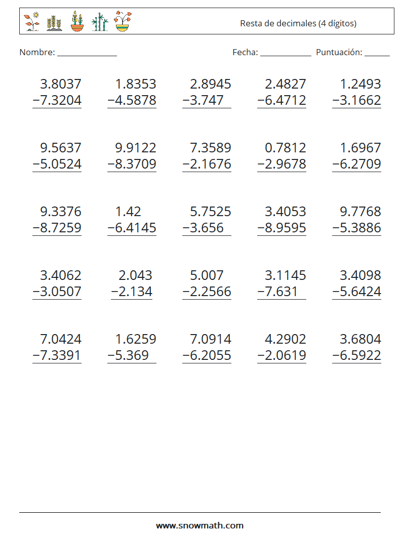 (25) Resta de decimales (4 dígitos) Hojas de trabajo de matemáticas 4