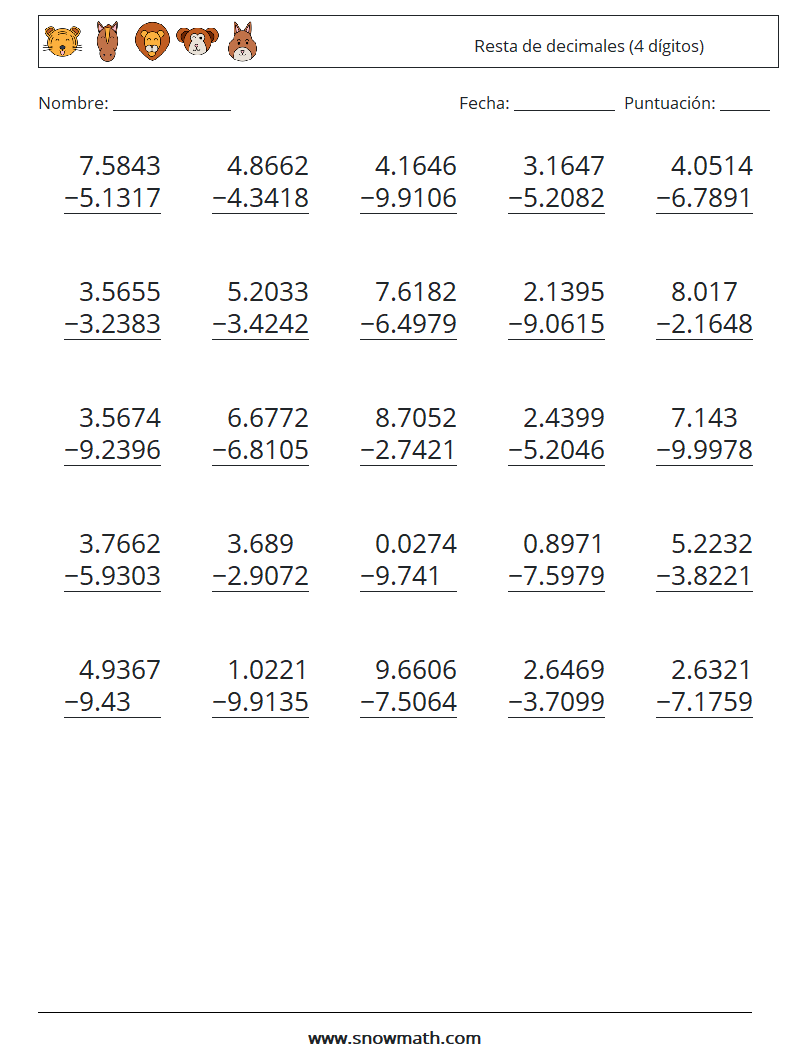 (25) Resta de decimales (4 dígitos) Hojas de trabajo de matemáticas 5