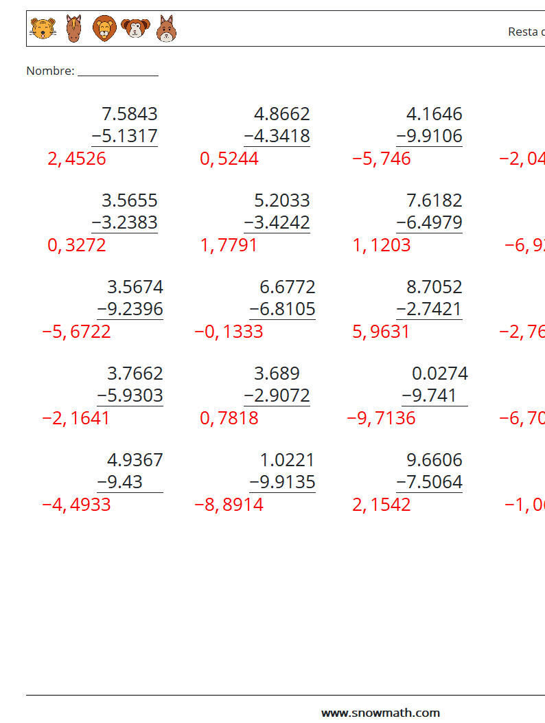 (25) Resta de decimales (4 dígitos) Hojas de trabajo de matemáticas 5 Pregunta, respuesta