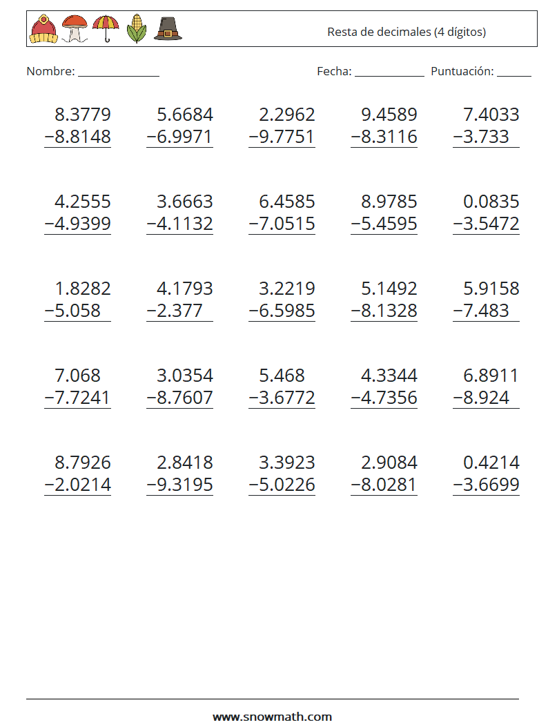 (25) Resta de decimales (4 dígitos) Hojas de trabajo de matemáticas 6