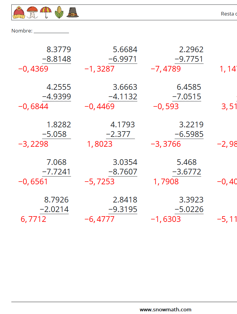 (25) Resta de decimales (4 dígitos) Hojas de trabajo de matemáticas 6 Pregunta, respuesta