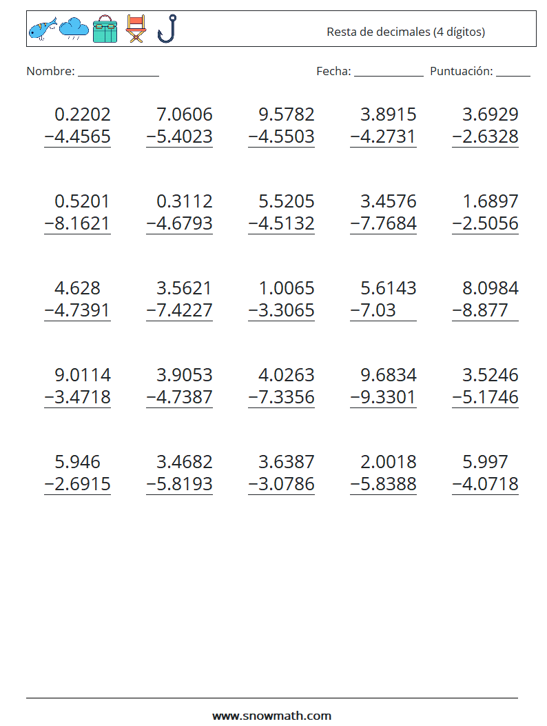 (25) Resta de decimales (4 dígitos) Hojas de trabajo de matemáticas 7