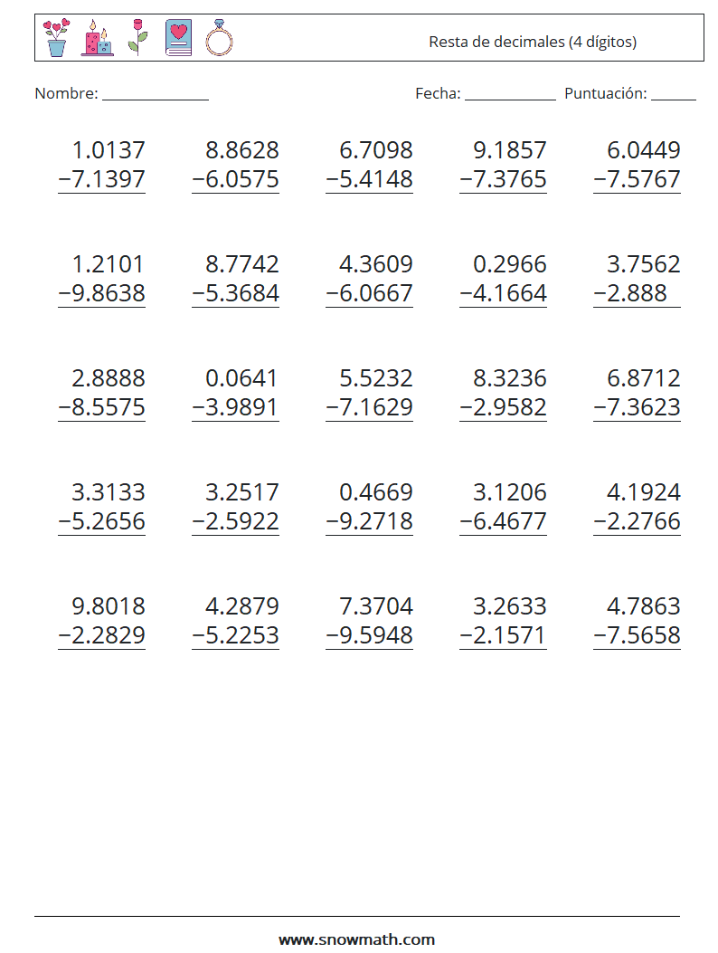 (25) Resta de decimales (4 dígitos) Hojas de trabajo de matemáticas 8