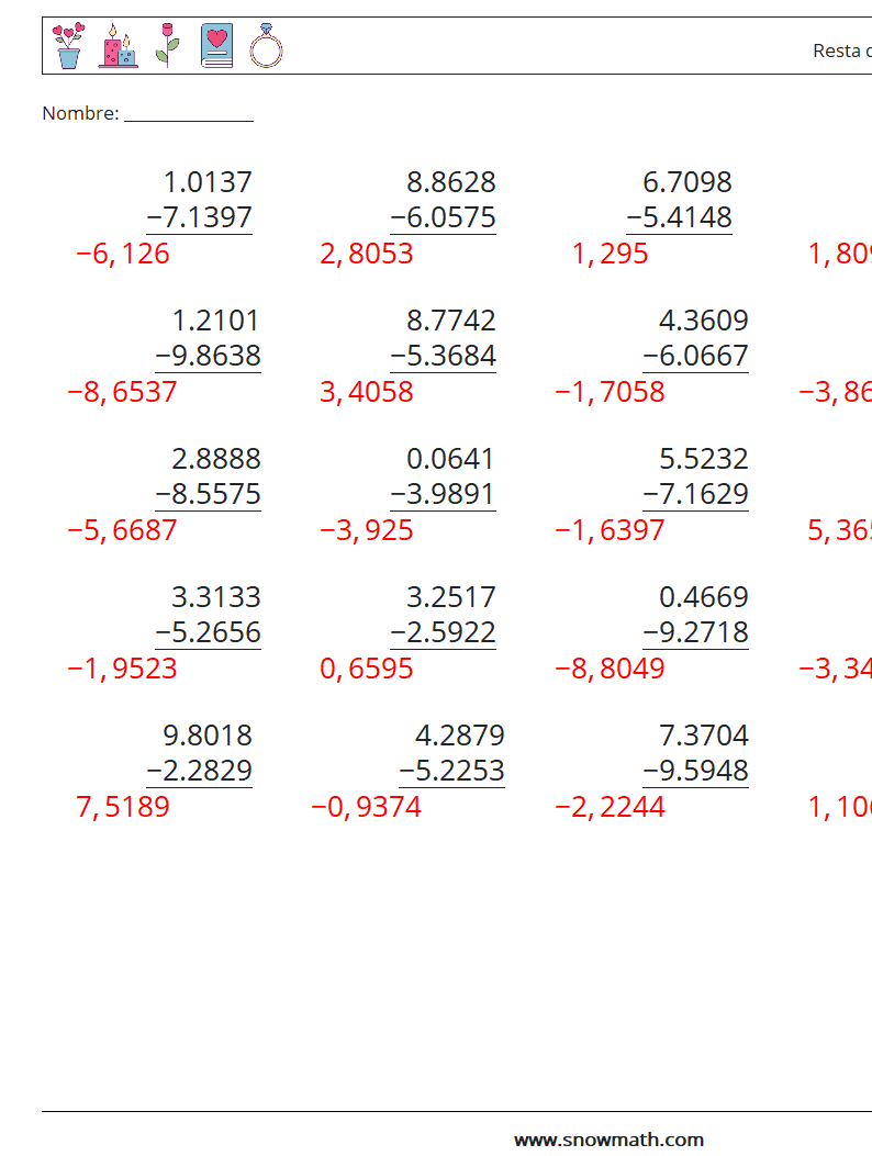 (25) Resta de decimales (4 dígitos) Hojas de trabajo de matemáticas 8 Pregunta, respuesta