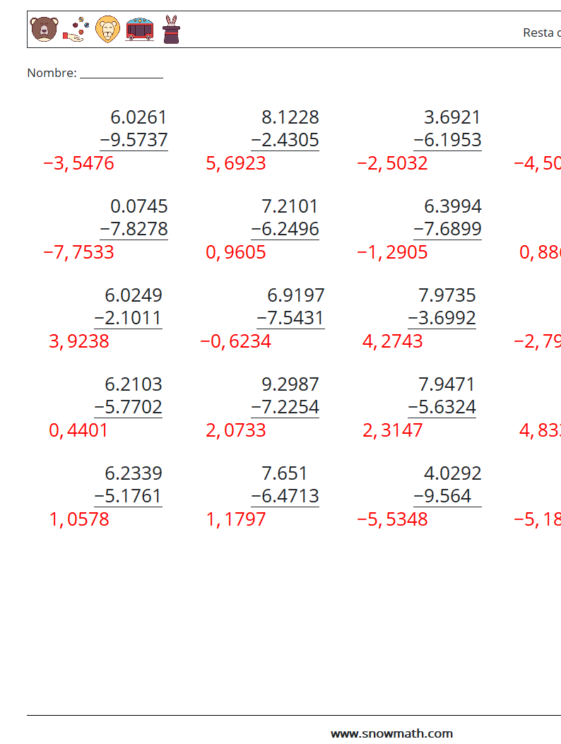 (25) Resta de decimales (4 dígitos) Hojas de trabajo de matemáticas 9 Pregunta, respuesta