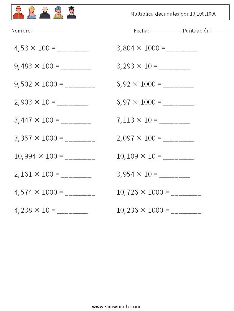 Multiplica decimales por 10,100,1000 Hojas de trabajo de matemáticas 1