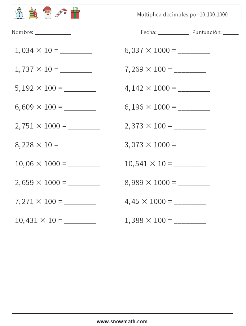 Multiplica decimales por 10,100,1000 Hojas de trabajo de matemáticas 11