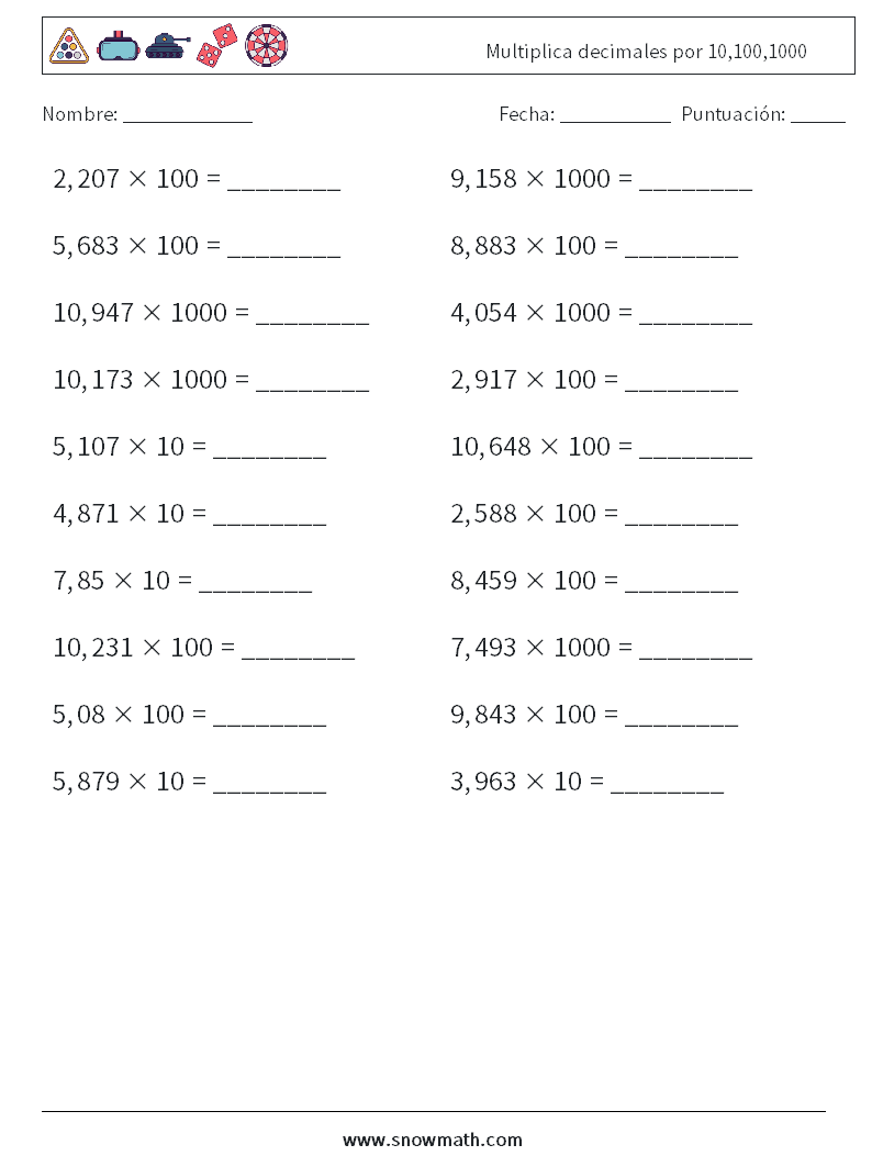 Multiplica decimales por 10,100,1000 Hojas de trabajo de matemáticas 12