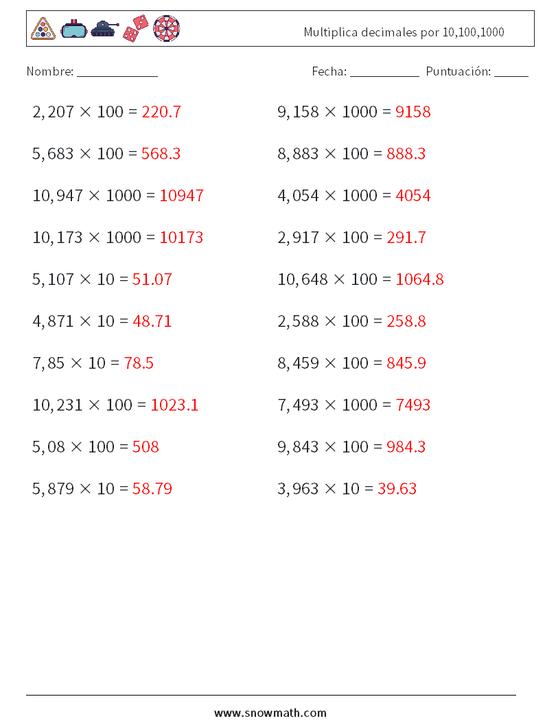 Multiplica decimales por 10,100,1000 Hojas de trabajo de matemáticas 12 Pregunta, respuesta