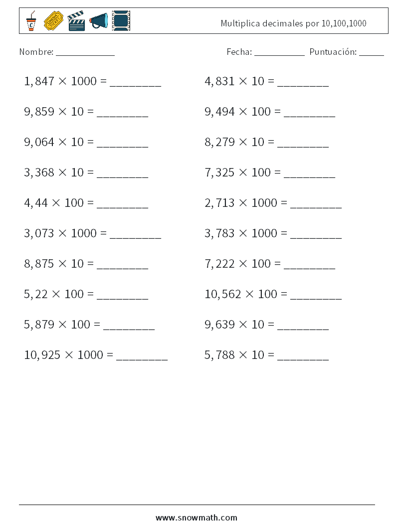 Multiplica decimales por 10,100,1000 Hojas de trabajo de matemáticas 13