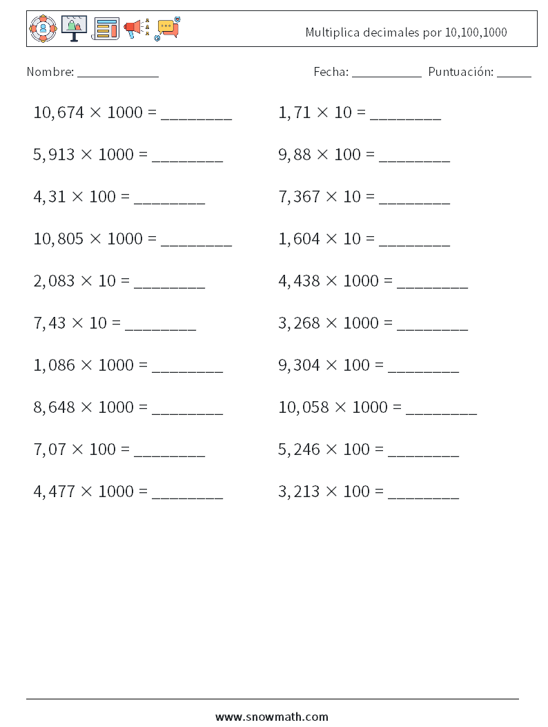 Multiplica decimales por 10,100,1000 Hojas de trabajo de matemáticas 14