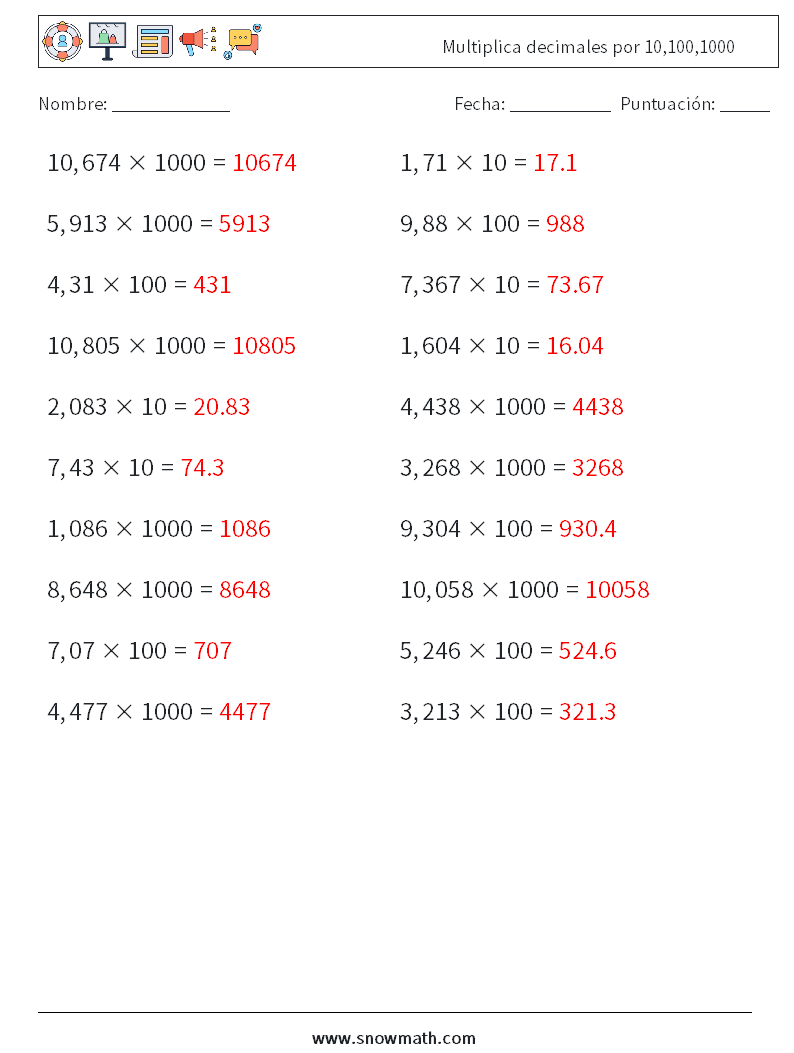 Multiplica decimales por 10,100,1000 Hojas de trabajo de matemáticas 14 Pregunta, respuesta