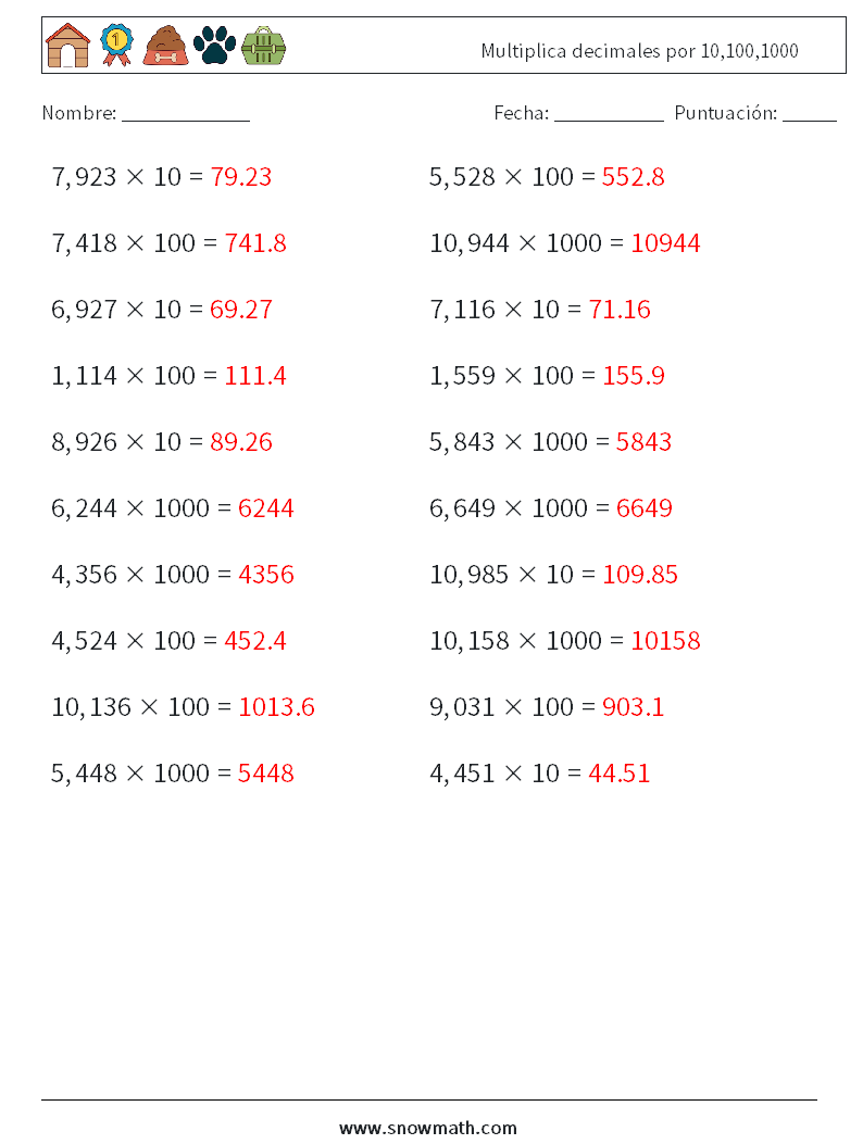 Multiplica decimales por 10,100,1000 Hojas de trabajo de matemáticas 15 Pregunta, respuesta