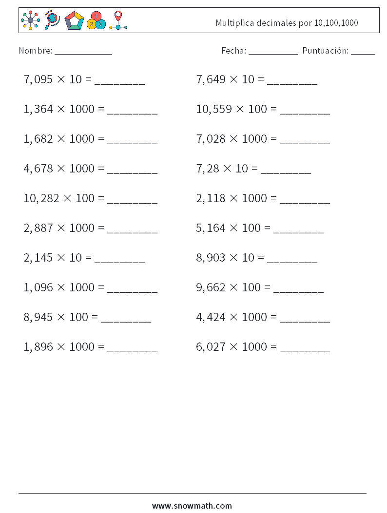 Multiplica decimales por 10,100,1000 Hojas de trabajo de matemáticas 16