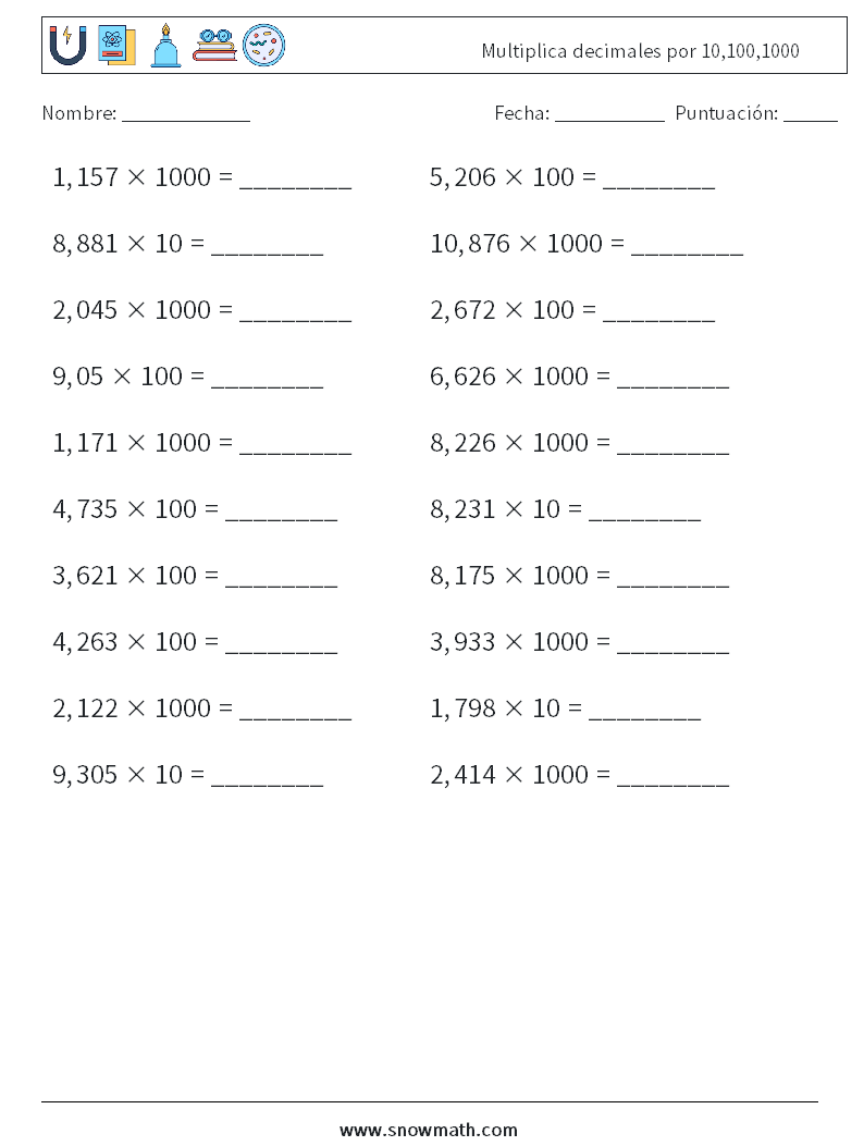 Multiplica decimales por 10,100,1000 Hojas de trabajo de matemáticas 17