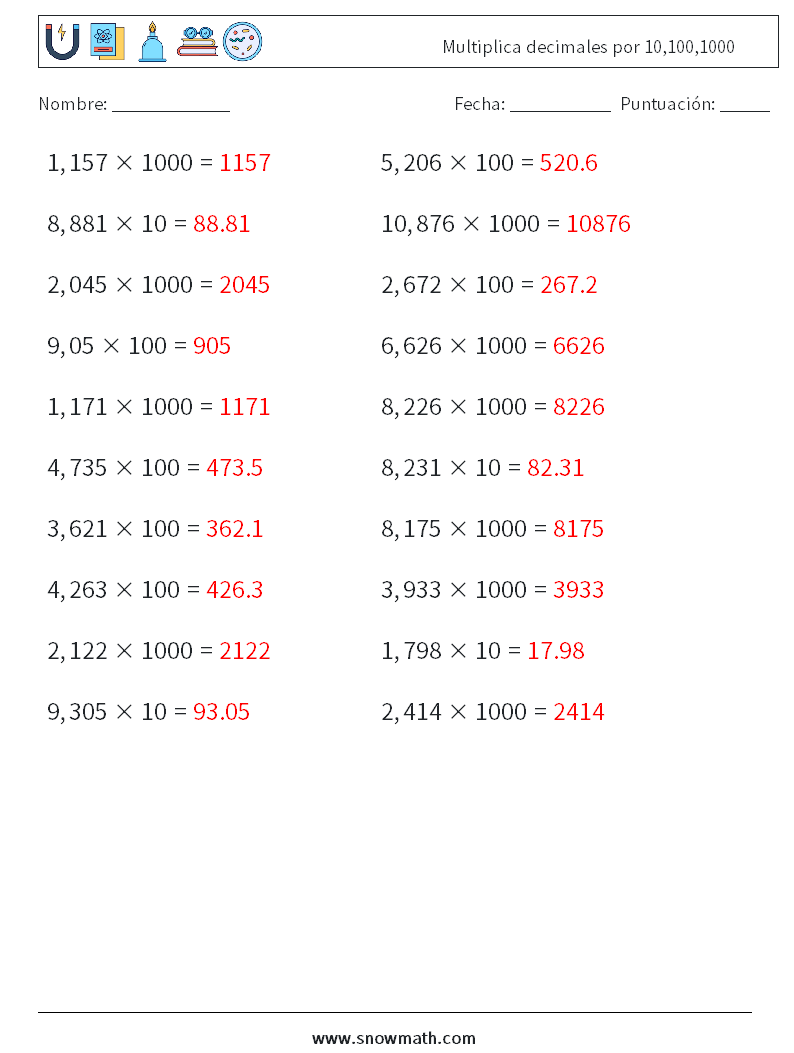 Multiplica decimales por 10,100,1000 Hojas de trabajo de matemáticas 17 Pregunta, respuesta